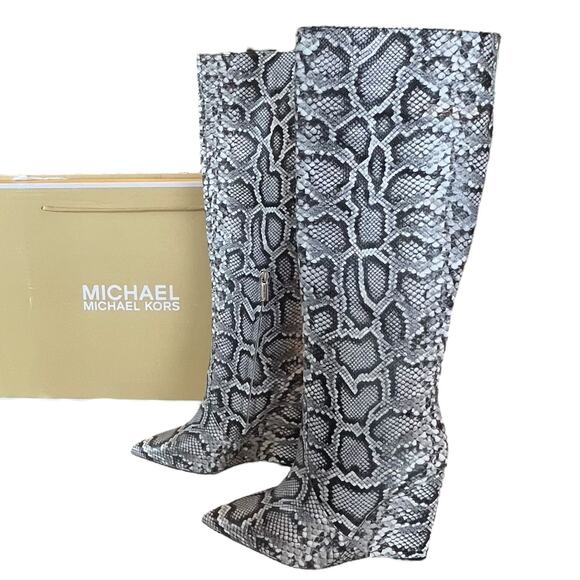 NEW Michael Kors Isra Wedge BOOTS Women's 10 Leather Snake Embossed Knee Hi Boot - Picture 1 of 11